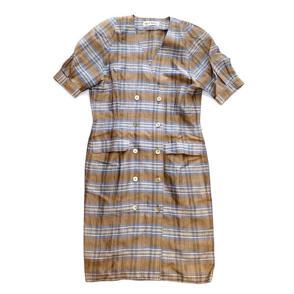 Miss Chloe Vintage Puff Sleeve Button Linen Knee Length Dress